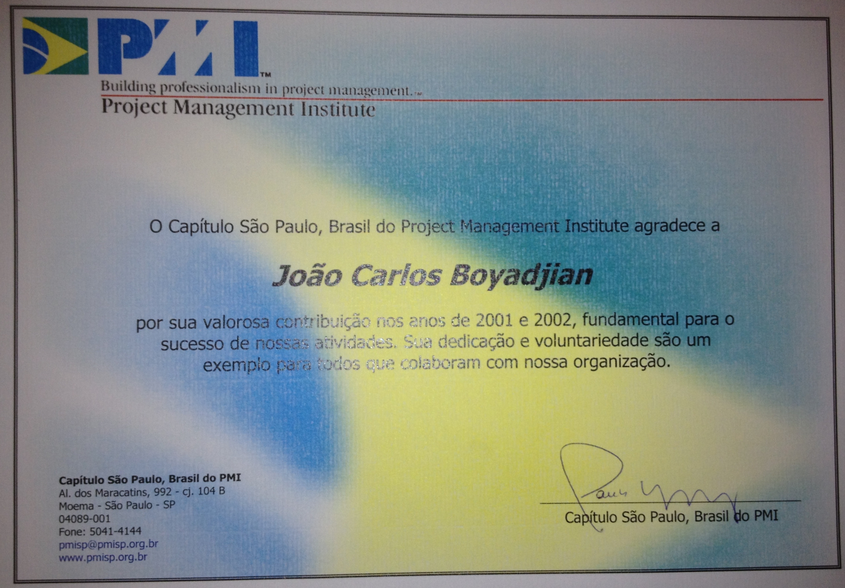 Certificado PMI de Contruibuição